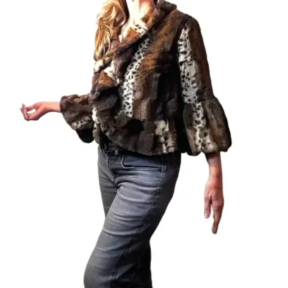 Y2K Pea Coat Sz M Faux Leopard Patchwork Animal Print Jacket Cropped Bell Ruffle - Picture 7 of 15